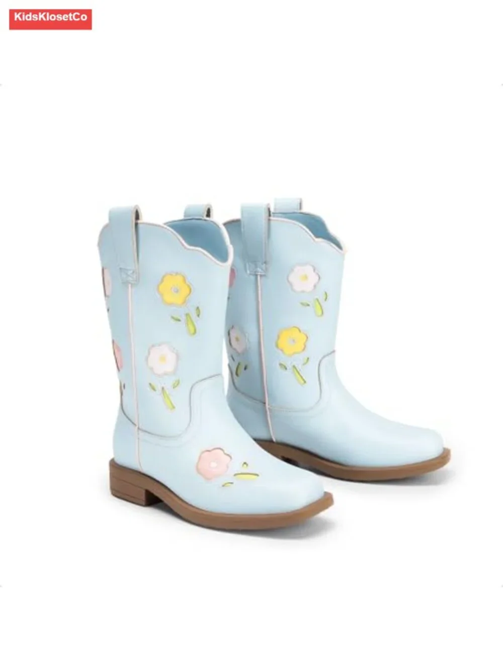 Girls Floral Embroidered Square Toe Cowboy Boots with Dual Pull Tabs